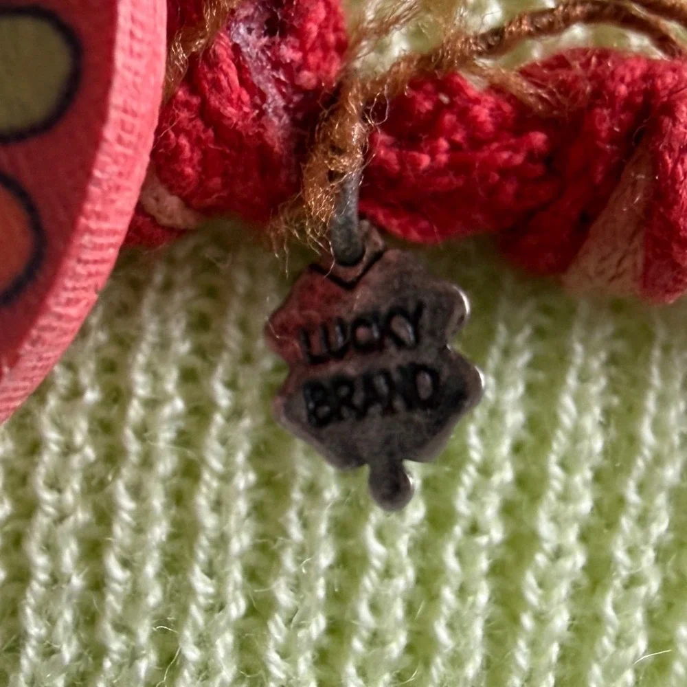 Lucky Brand Red Crochet Long Necklace Multi Color Mixed Media Beads Peace 38